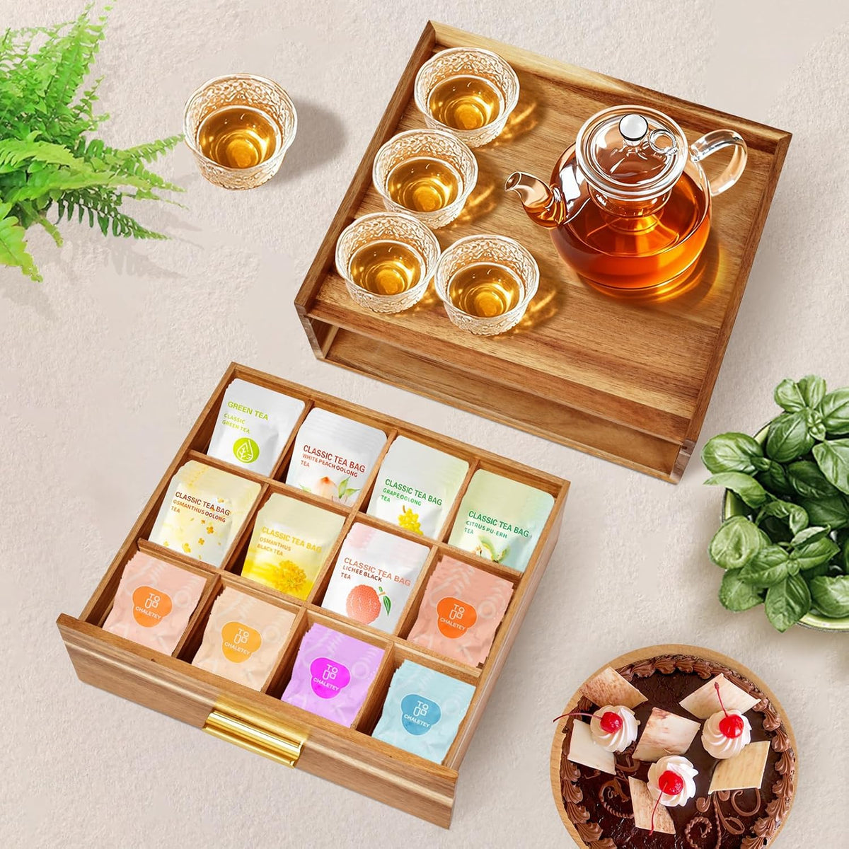 NANXITU Acacia Wood Tea Holder Organizer, Tea Box Organizer Storage Box