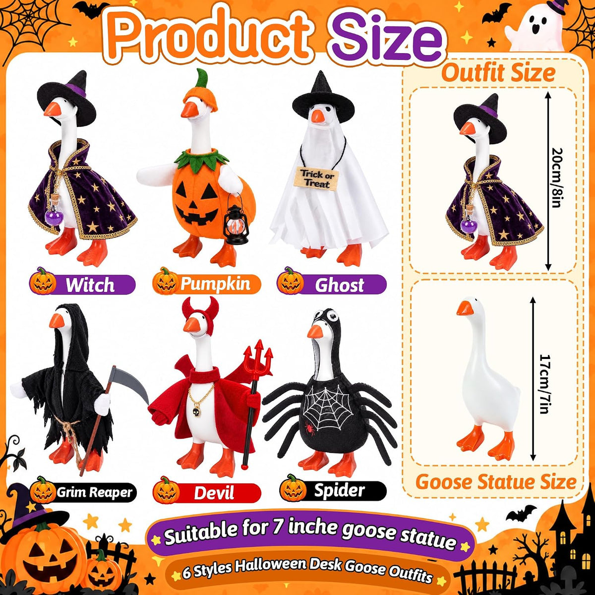 7 Inch Mini Desk Goose Statue with 6 Sets Halloween Outfits