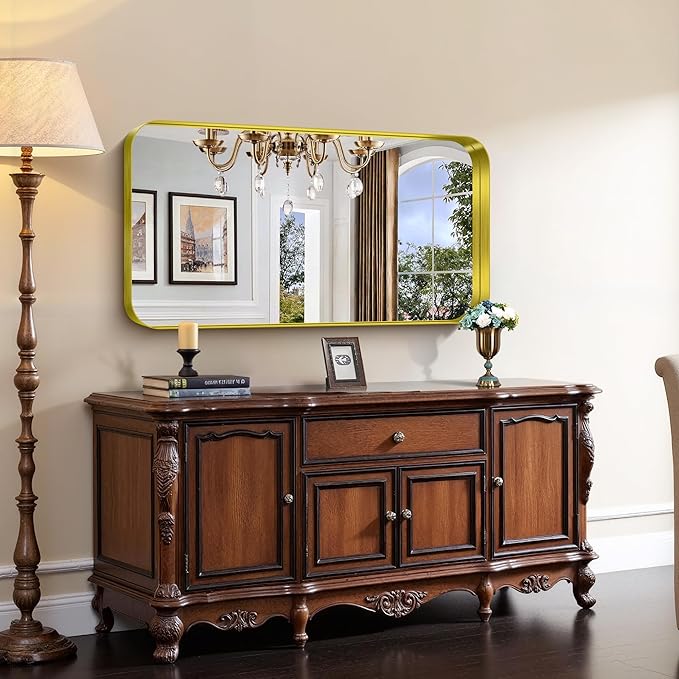 CIRCUMI Gold Bathroom Mirror, Rounded Corner, Tempered Glass, Large Mirror - Image 4