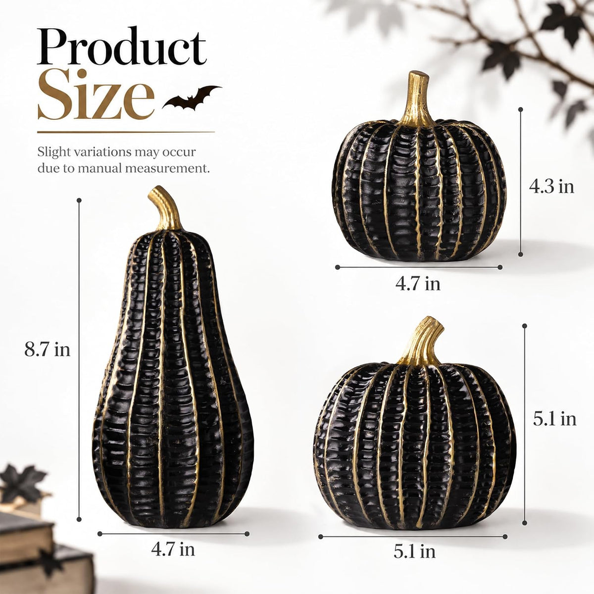 Parsin 3 Pcs Black & Gold Resin Pumpkin Decorations for Fall and Halloween