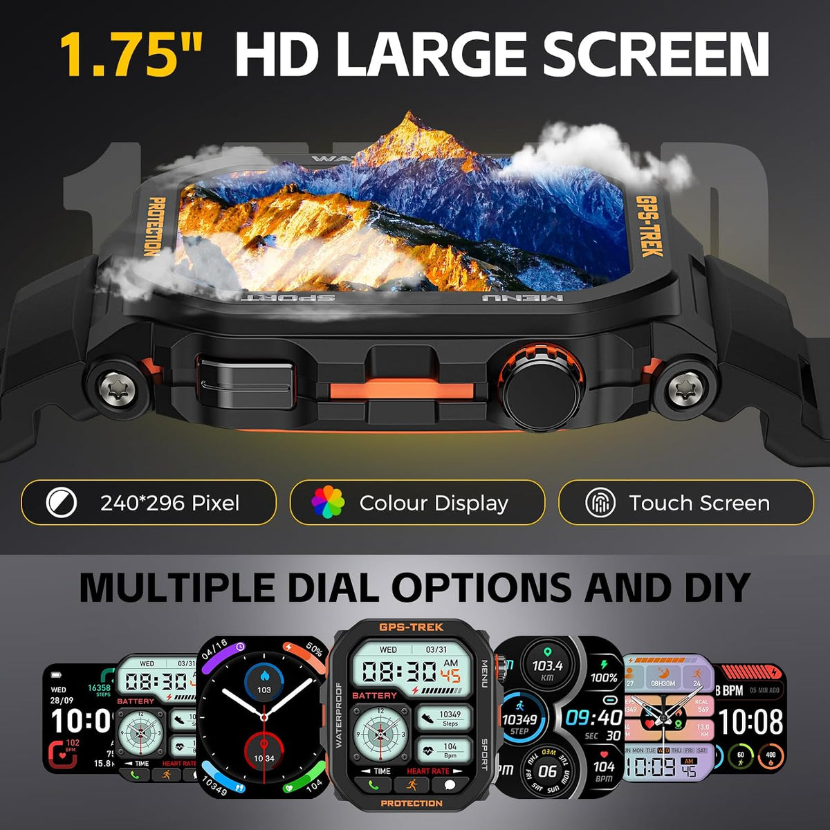 military smart watches for men built-in gps with, front angle view