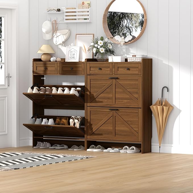 Shoe Cabinet with 2 Flip Drawers & 2 Storage Drawers, Rustic Farmhouse Narrow - Image 8