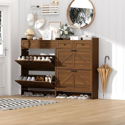 Shoe Cabinet with 2 Flip Drawers & 2 Storage Drawers, Rustic Farmhouse Narrow - Image 8