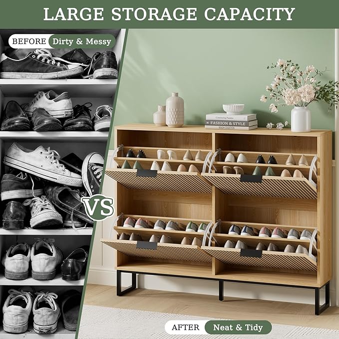 Shoe Cabinet Storage with 4 Flip Drawers, Narrow Hidden Shoe Organizer Cabinet - Image 7