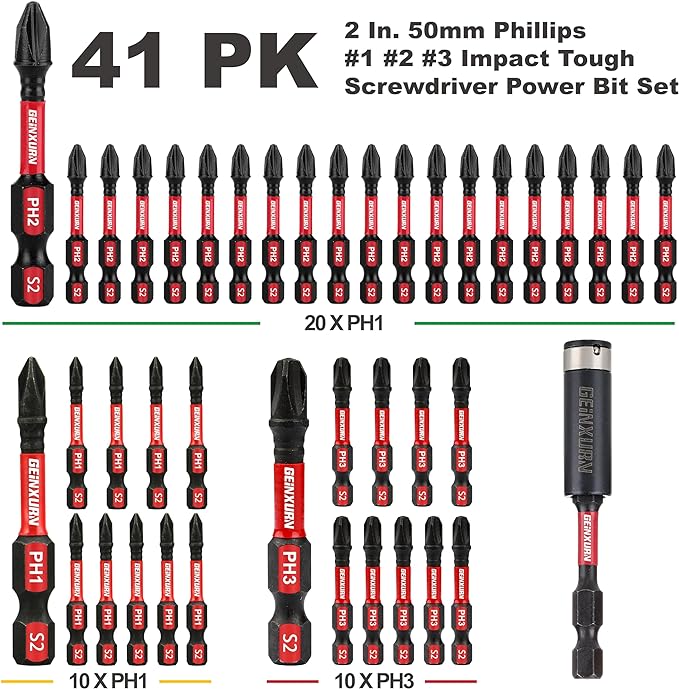 Anti-slip Hex Impact Tough Magnetic Screwdriver Bits Set 2 in. PH1/PH2/PH3 - Image 2