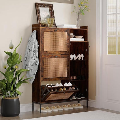 Rattan Wooden Shoe Cabinet, Freestanding 3-Flip Drawer Shoe Storage Organizer by Unknown
