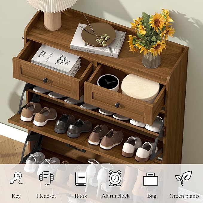 Shoe Cabinet with 2 Flip Drawers & 2 Storage Drawers, Rustic Farmhouse Narrow - Image 5