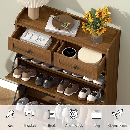 Shoe Cabinet with 2 Flip Drawers & 2 Storage Drawers, Rustic Farmhouse Narrow - Image 5