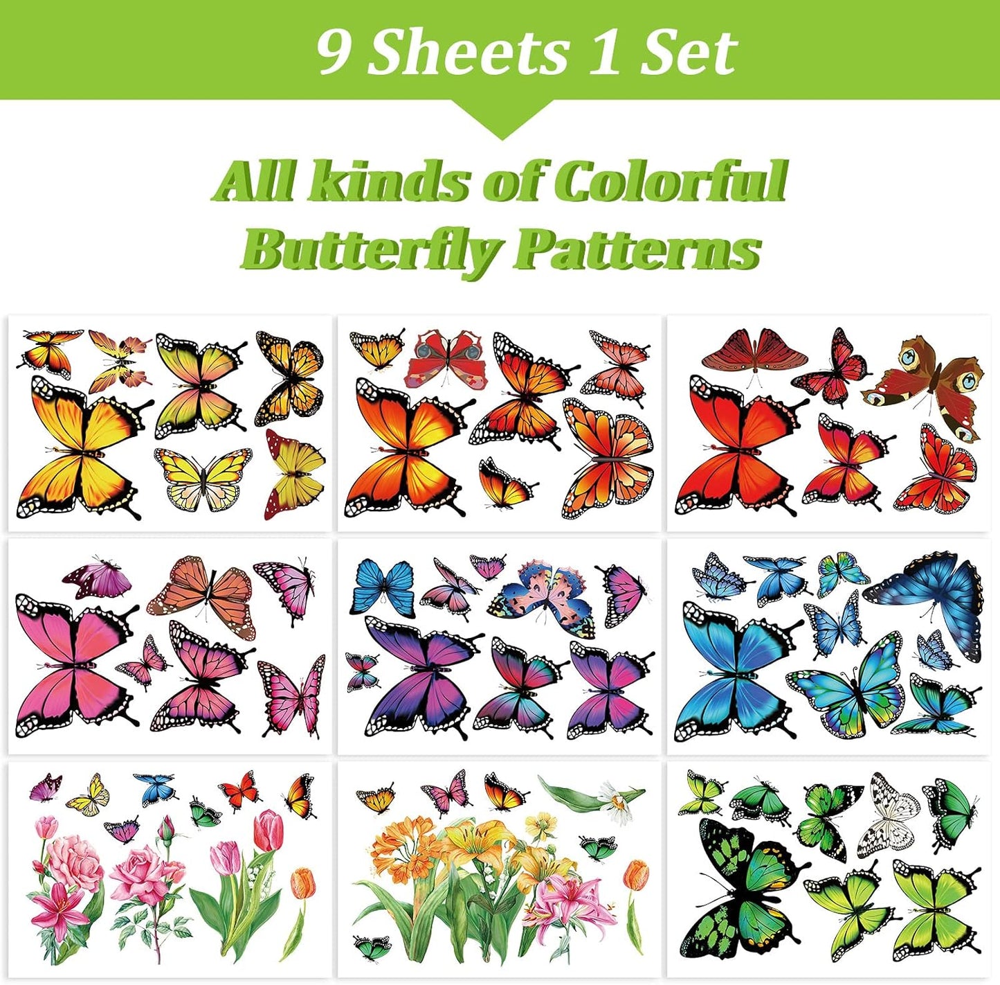 Whaline 9 Sheets Spring Butterfly Window Clings Summer Colorful Butterfly Flora Windows Decor Double-Sided Anti-Collision Reusable Decals Non-Adhesive for Home Window Glass