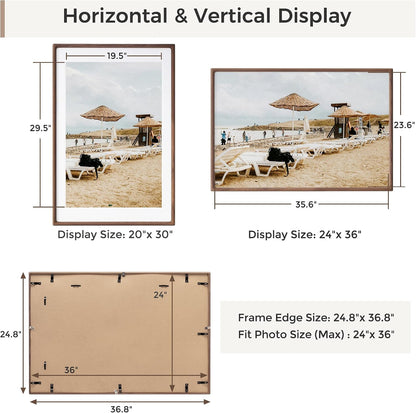 Heimlove 24x36 Picture Frames Natural Walnut,Original Wood Hand Make Crafted Poster Frame with Mat to 20x30 Graduation Picture Display,Family Picture,Wedding Picture,Photo,Document Wall Decoration