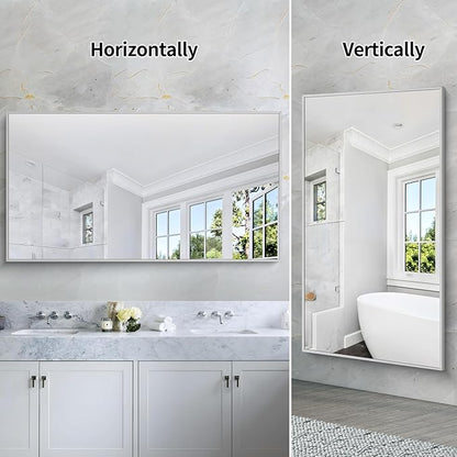30x55In Silver Bathroom Mirror for Wall, Brushed Nickel Rectangle Mirrors - Image 3