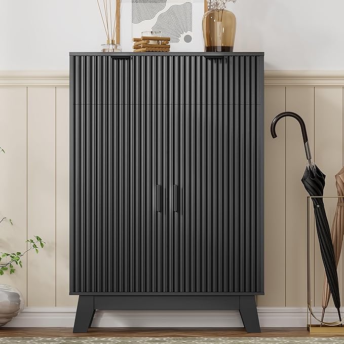 Shoe Cabinet Storage for Entryway, 4 Tier Fluted Shoe Storage Cabinet by HUANLEGO