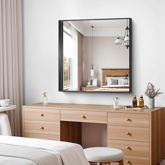 CIRCUMI Black Bathroom Mirror, Brushed Finish, Tempered Glass, Square Mirror - Image 6