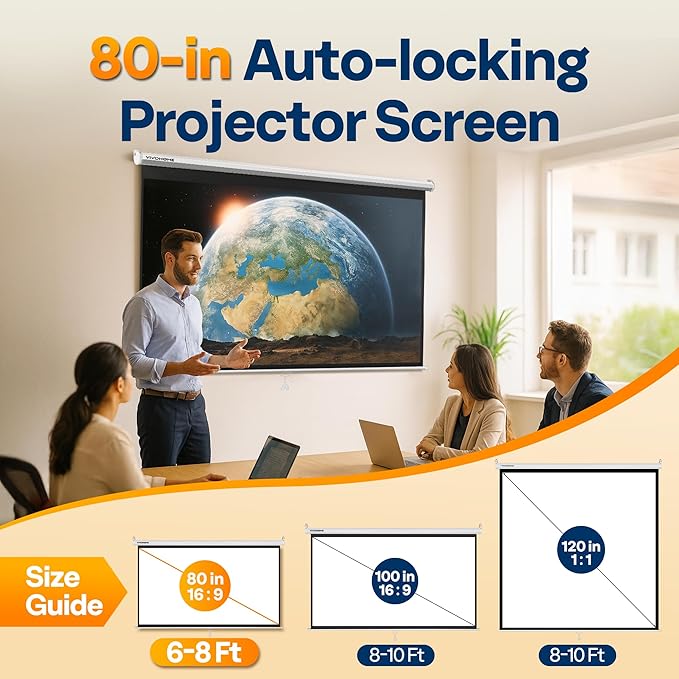 VIVOHOME 80 Inch 16:9 Pull Down Projector Screen, HD 4K Retractable Movie Screen - Image 2