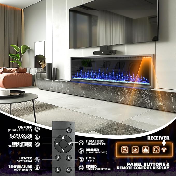 60'' Luxury Electric Fireplace – Wall Mounted & Recessed, Ultra-Slim Design - Image 2