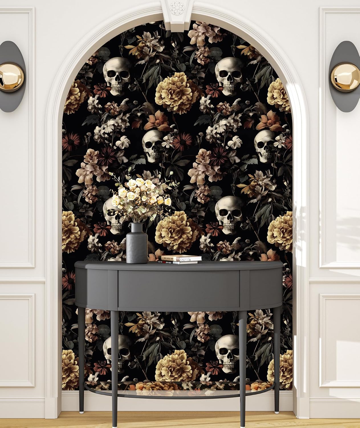 BOKEBEVE Gothic Skull Peel and Stick Wallpaper Vintage Black 17.5 x 118In | Floral Contact Paper Self Adhesive Removable Renter Friendly Wall Paper for Feature Wall Bedroom Bathroom Halloween Decor