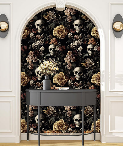BOKEBEVE Gothic Skull Peel and Stick Wallpaper Vintage Black 17.5 x 118In | Floral Contact Paper Self Adhesive Removable Renter Friendly Wall Paper for Feature Wall Bedroom Bathroom Halloween Decor