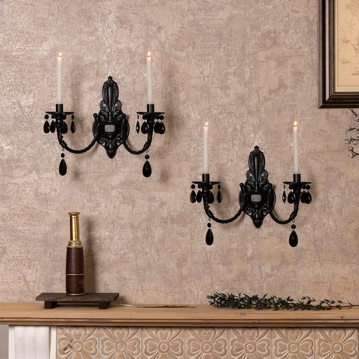 Black Iron Candle Sconces Gothic Wall Candle Holder Set of 2, Handcrafted Wro...