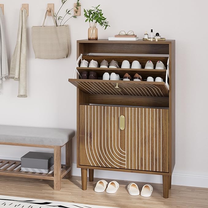 Smuxee Shoe Cabinet with 2 Flip Drawers, 23.6" Walnut Hidden Shoe Storage - Image 9