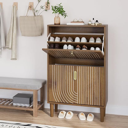 Smuxee Shoe Cabinet with 2 Flip Drawers, 23.6" Walnut Hidden Shoe Storage - Image 9