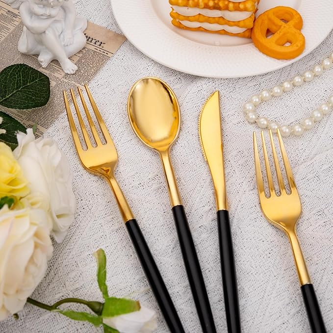 SUT Gold Plastic Silverware (160Pcs) Forks and Spoons Disposable, 80 Gold Pla...