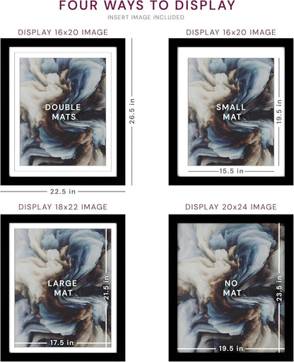Frame Amo 20x24 Black Poster Frame, 18x22 and 16x20 Mats, High End | Tempered Glass, Solid Wood, 1.5 inch Wide, 1 inch Thick, 2 Thick 4-Ply White Mats, Heavy Duty, Acid Free, Hanging Hardware
