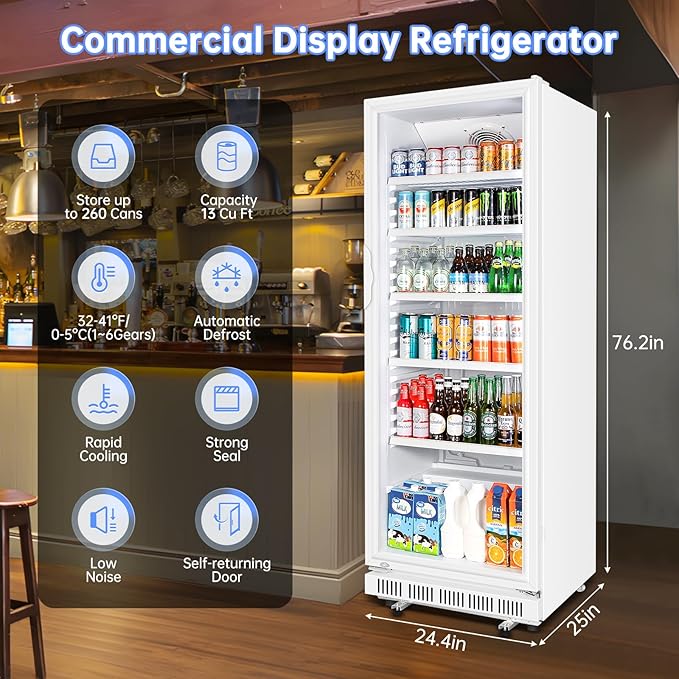 Commercial Beverage Refrigerator, 24.5 Inch 15 Cu. Ft. Drink Fridge, Display - Image 3