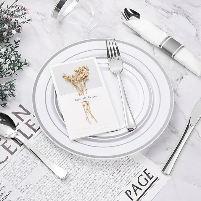 BESTVIP 175PCS Silver Plastic Dinnerware Set, Disposable Party Plates for 25 ...
