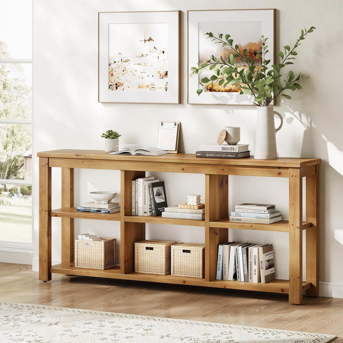 Solid Wood Horizontal Bookcase with Adjustable Shelves, 6 Cubes Storage Organ...