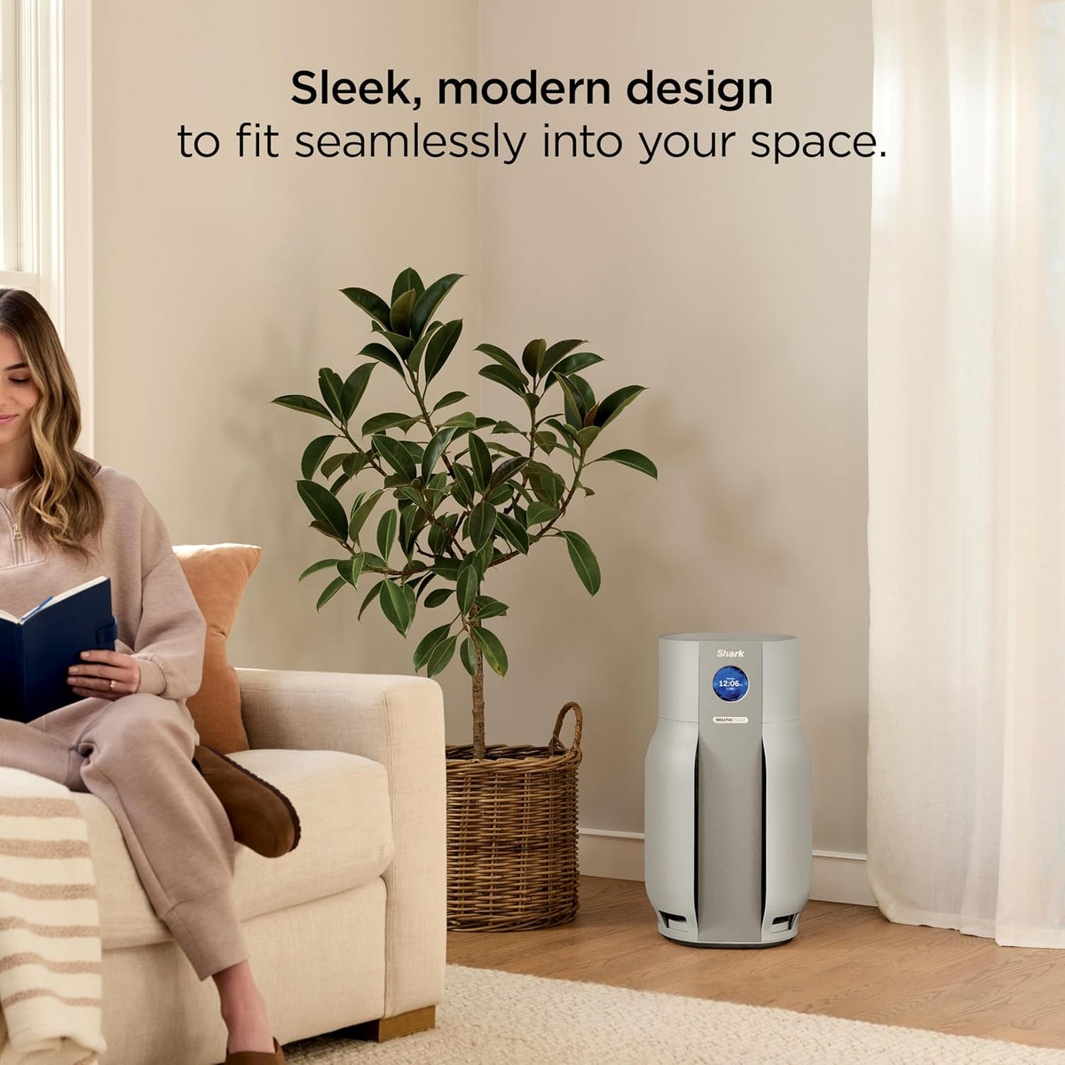 shark breatheclear max smart air purifier, hp362, dove, front angle view