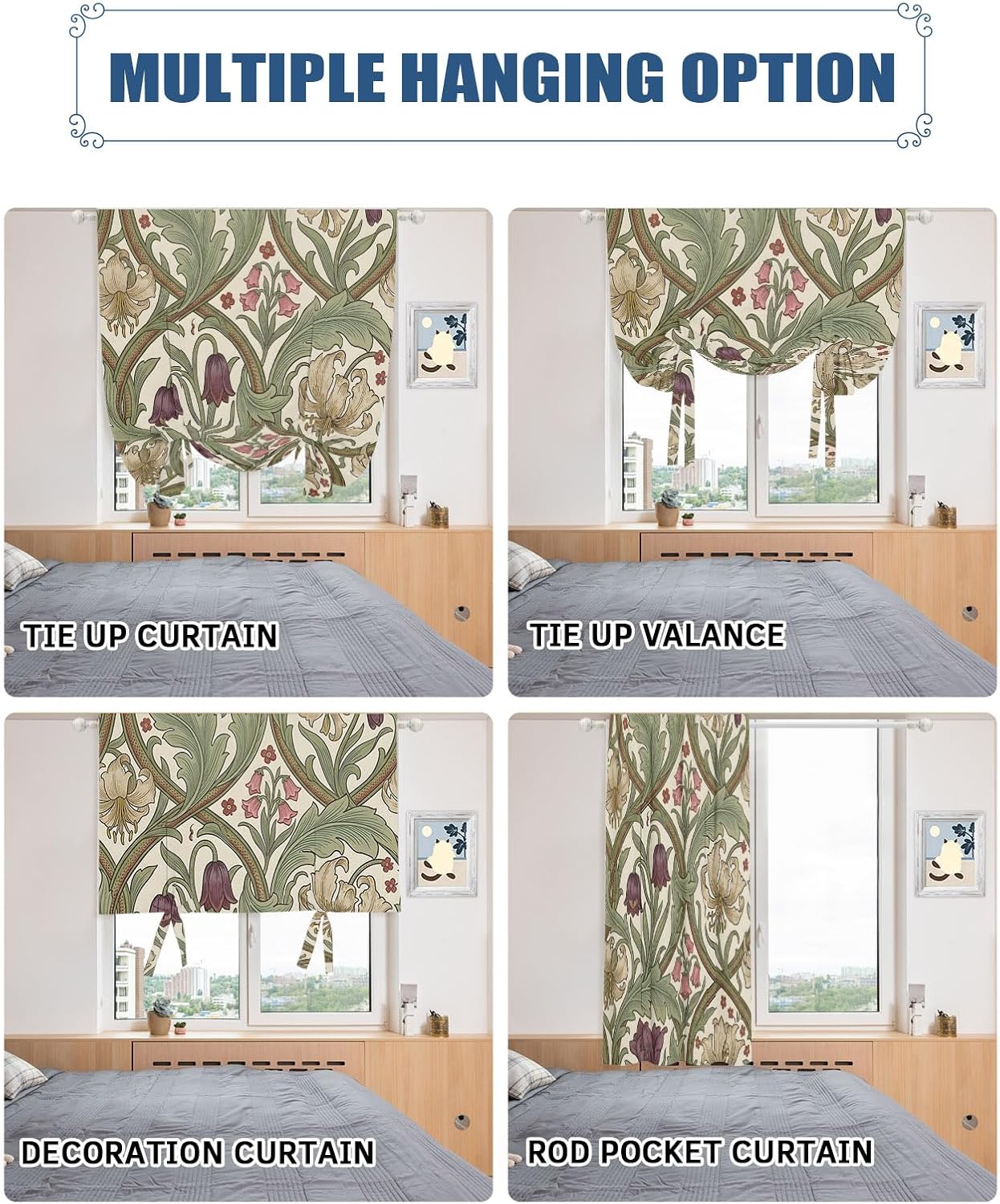 Tie Up Curtains for Windows, Botanical Flowers Adjustable Balloon Nature Linen Textured Kitchen Curtain, Vintage Chic Floral Leaf Plant Green Brown Room Darkening Curtains for Glass Door, 42 x 45 In