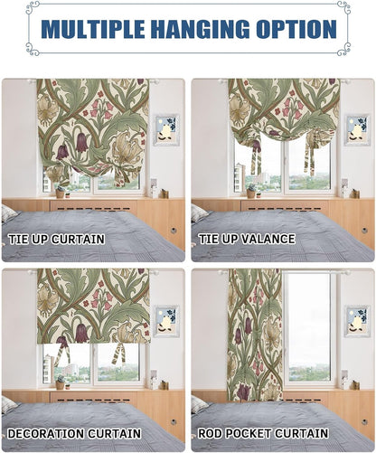 Tie Up Curtains for Windows, Botanical Flowers Adjustable Balloon Nature Linen Textured Kitchen Curtain, Vintage Chic Floral Leaf Plant Green Brown Room Darkening Curtains for Glass Door, 42 x 45 In