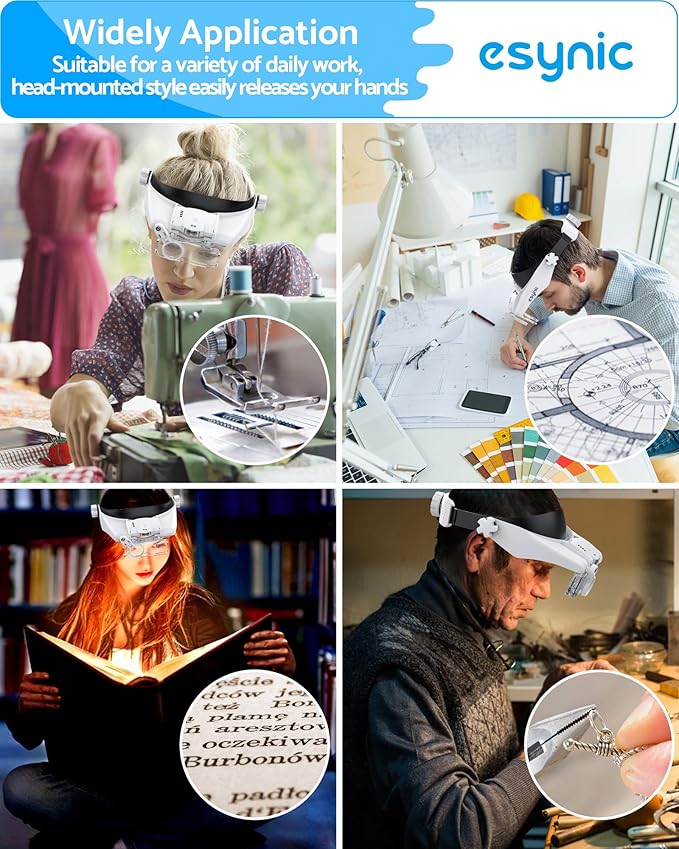 eSynic Head Magnifier with 2 LED Light-1.5X-13X Magnification with 5 Acylic - Image 7