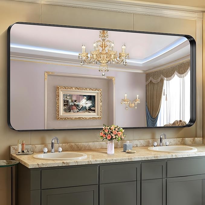 CIRCUMI Black Bathroom Mirror, Rounded Corner, Tempered Glass, Large Mirror - Image 5
