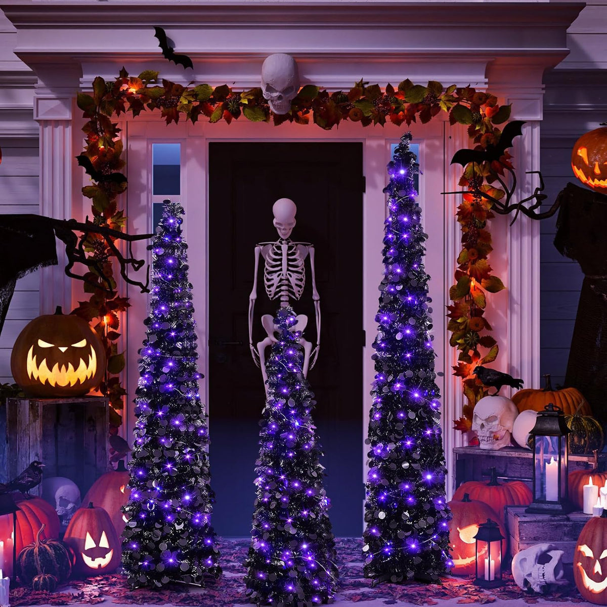 Shappy 3 Pcs 4/5/6 Ft Black Tinsel Halloween Tree with Purple Lights