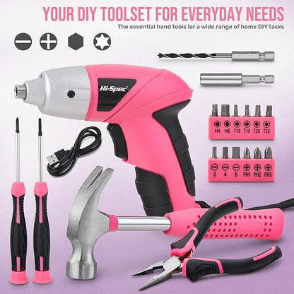 Hi-Spec Electric Screwdriver 19pc 3.6V Pink USB Small Power Screwdriver Set. - Image 2