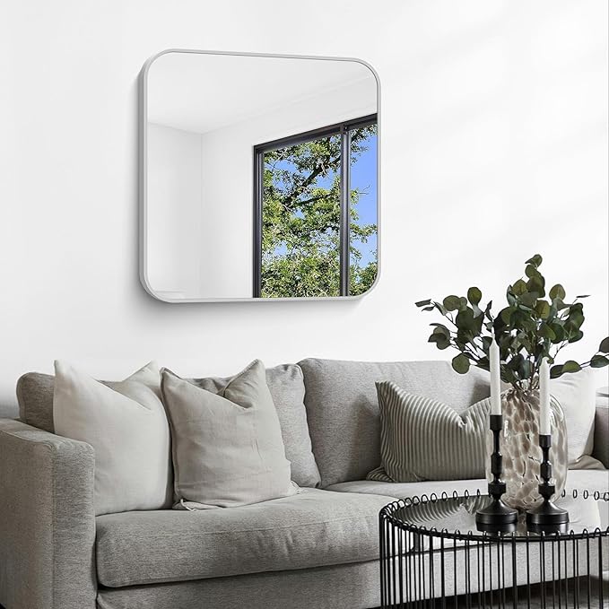 Silver Bathroom Mirror, 30 x 30 Inch Silver Square Mirror, Metal Framed - Image 3