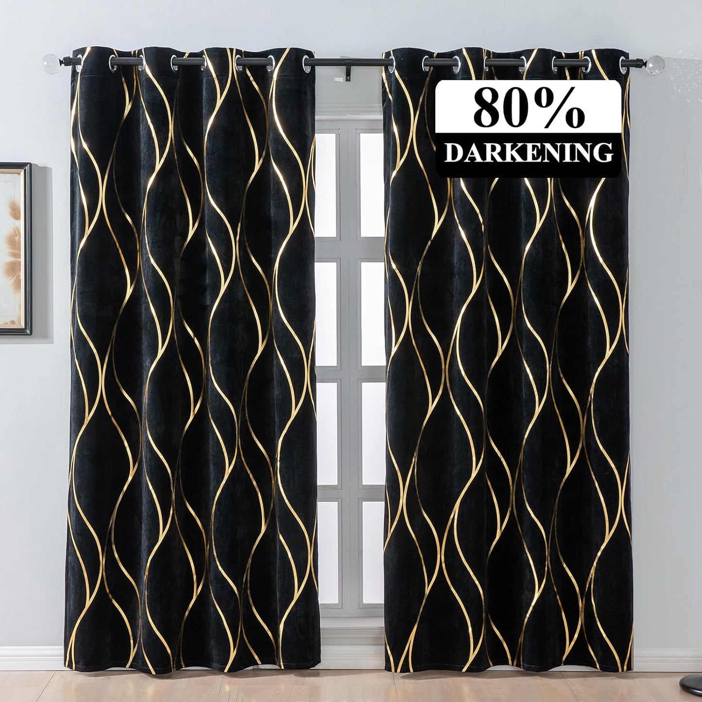 L.Z.E Black Gold Blackout Curtains for Bedroom, Heavy Duty Velvet Curtains 120 Inches Long 2 Panels Set, 80% Room Darkening Curtains for Living Room, Extra Long & Thick Drapes with Gold Pattern