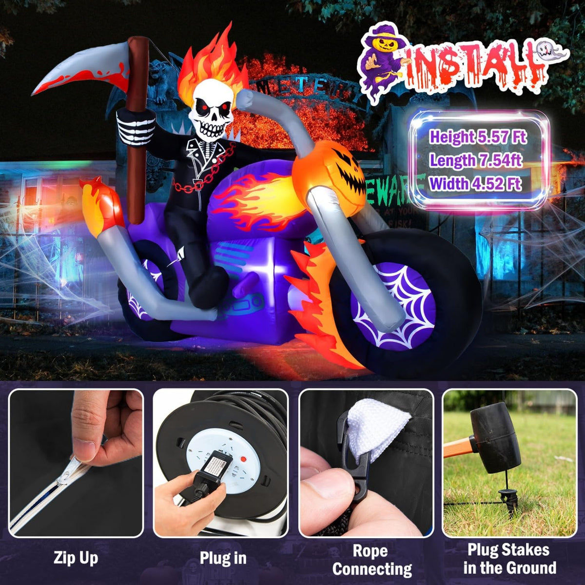 6 FT Halloween Inflatable Grim Reaper Motorcycle with Built-in LEDs