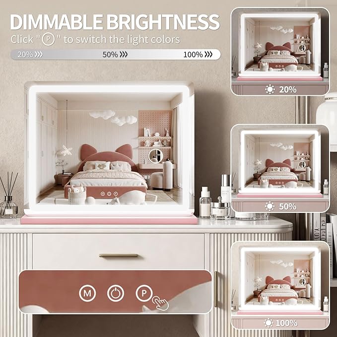 ROLOVE Pink Makeup Mirror with Lights, 23x18 Inch - Image 3