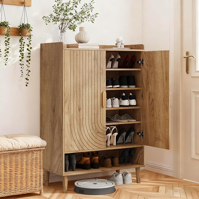 Smuxee Oak Shoe Cabinet with Line Groove Design, 6-Tier Shoe Storage Cabinet by Smuxee