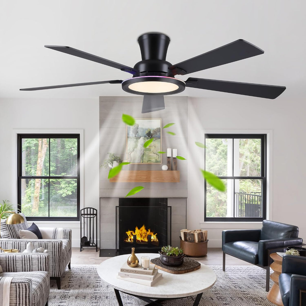 Ayaoty Ceiling Fans with Lights - 52in Flush Mount Ceiling Fan with RGB Dimma...