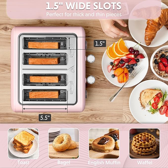 BUYDEEM DT640 4-Slice Toaster, Extra Wide Slots, Retro Stainless Steel - Image 3