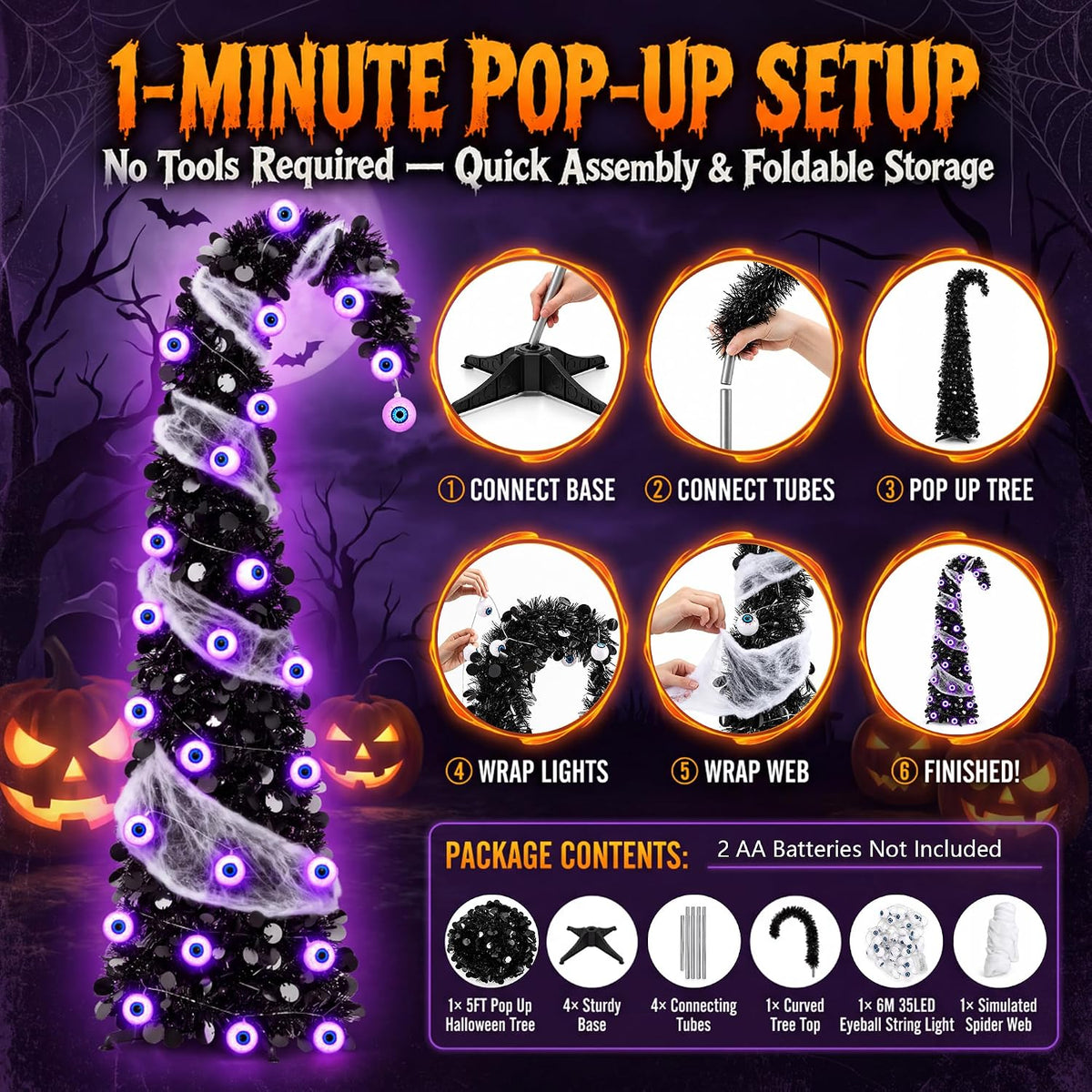 5FT Pop Up Halloween Tree with 35 Purple Eyeball Lights & Spider Web