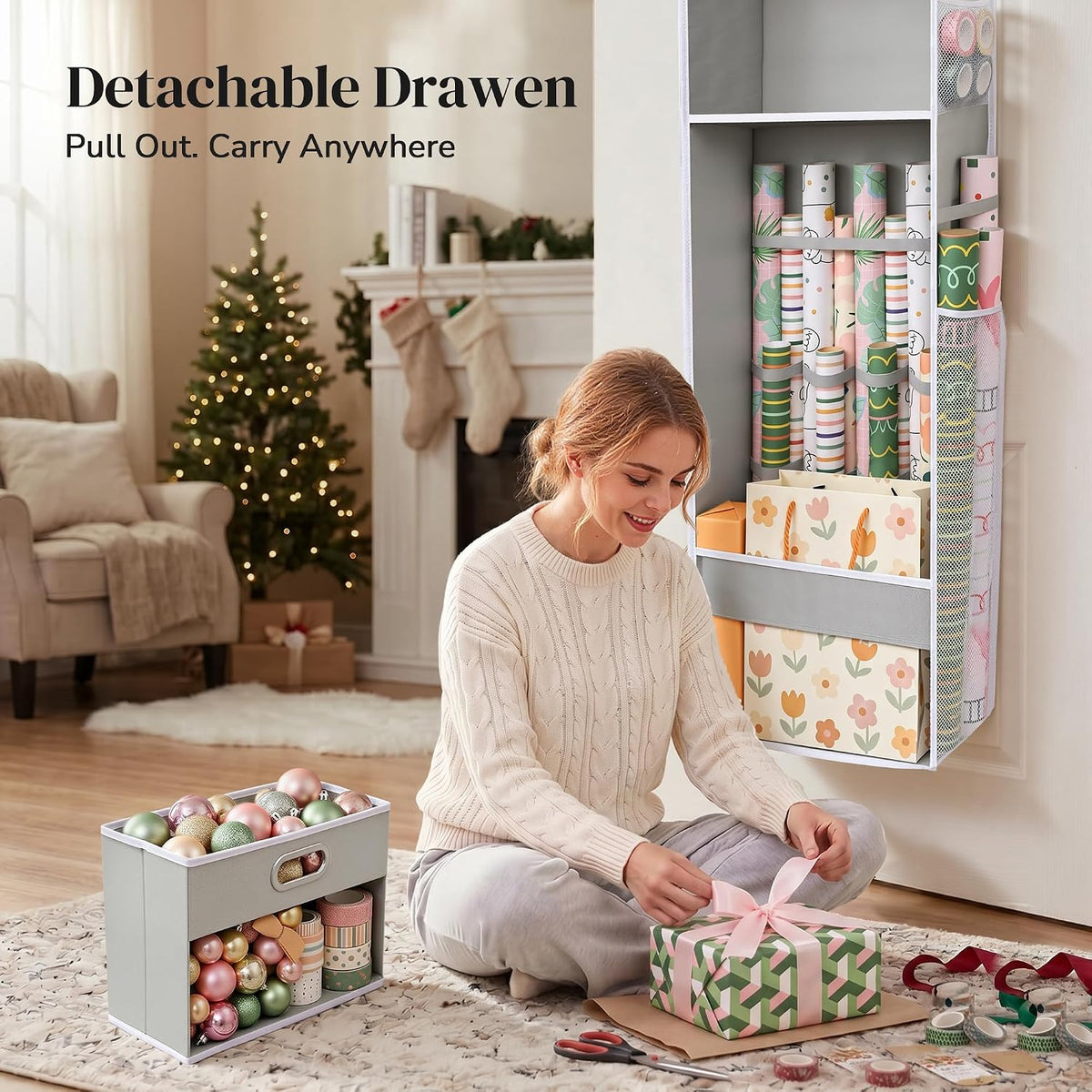 Ordovibe Wrapping Paper Storage Organizer, Over The Door Gift Wrap Holder wit...