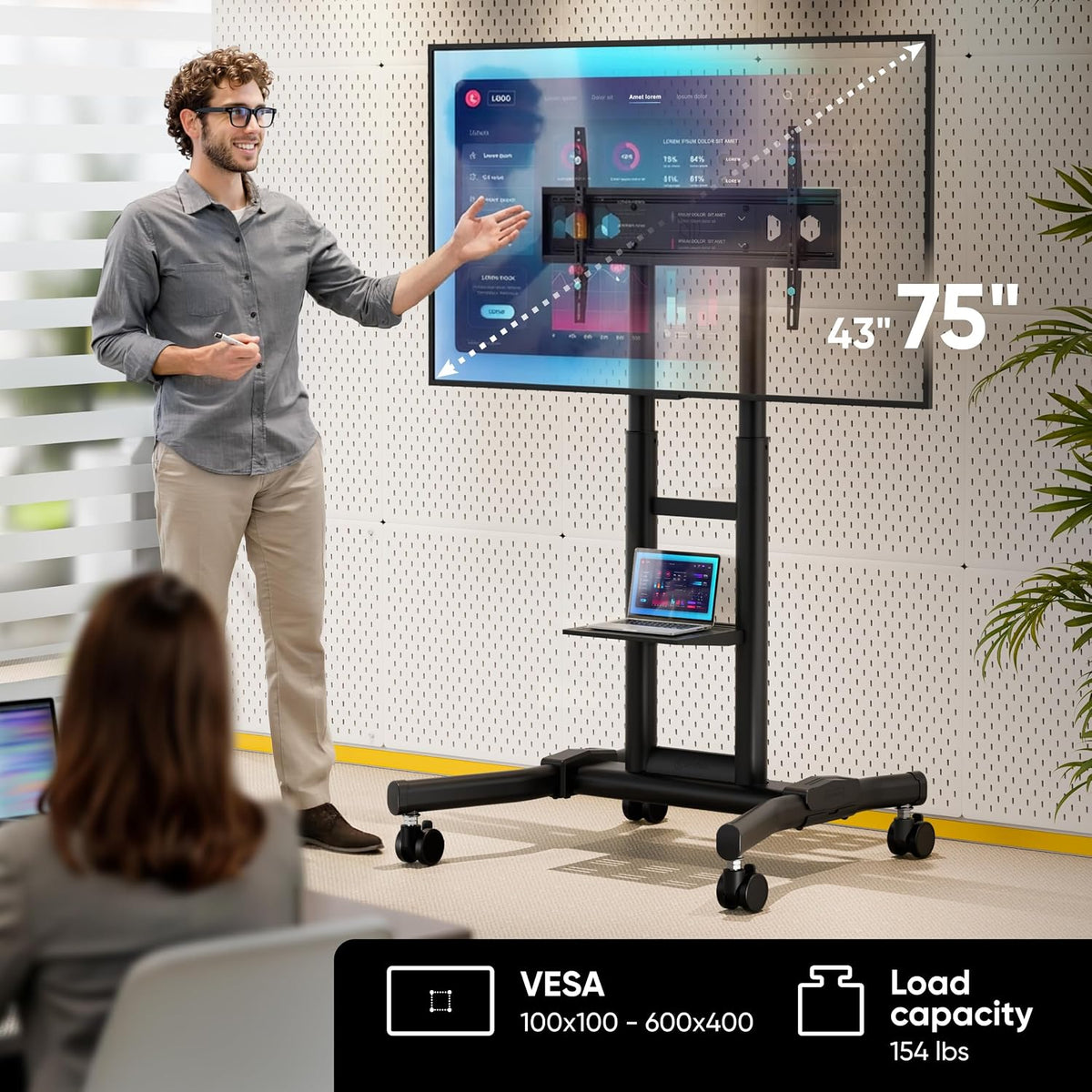 ONKRON Mobile TV Stand 43-75 Inch, up to 143 lbs, max VESA 600x400, Black