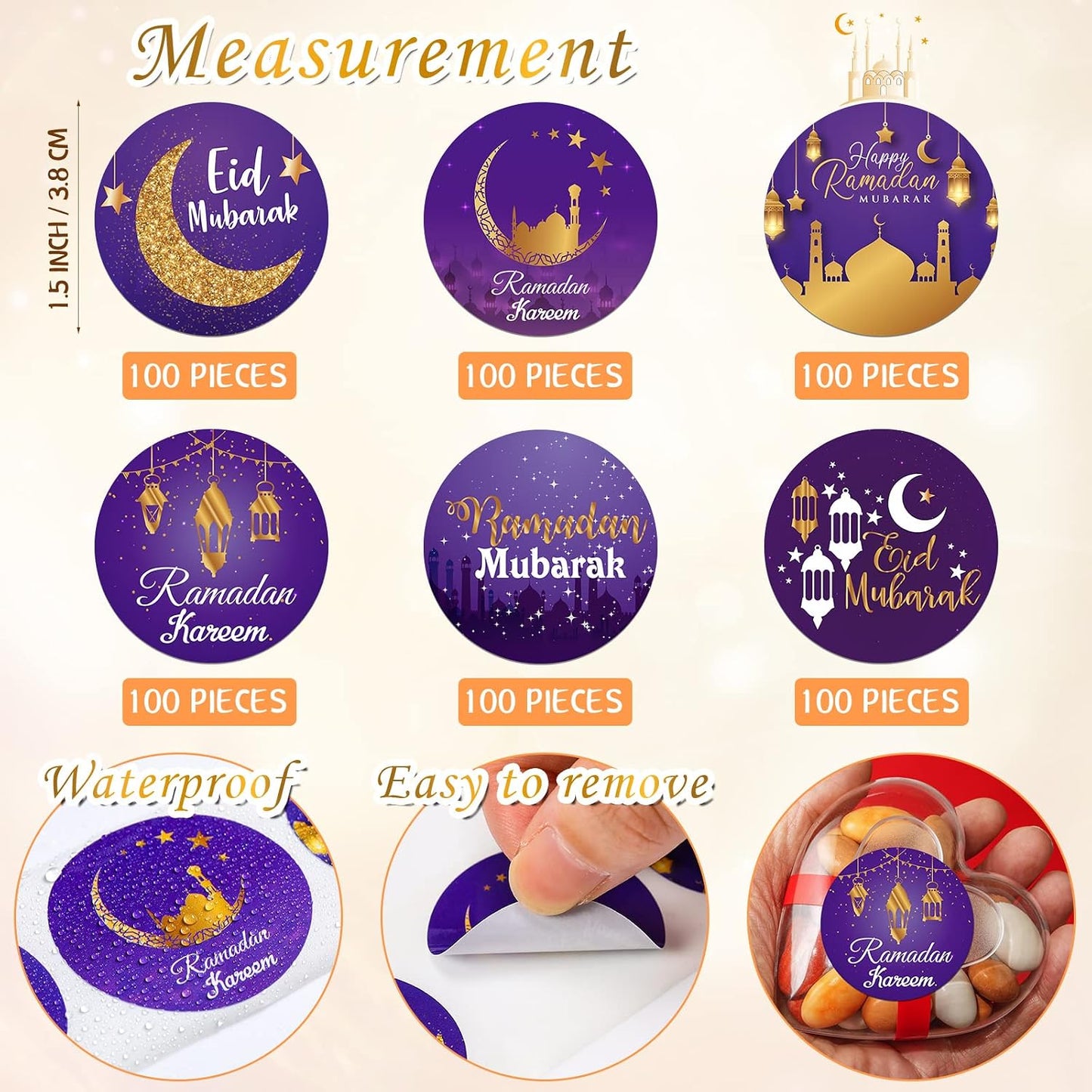 Nezyo 600 Pieces Ramadan Mubarak Stickers Eid Islamic Kareem Wall Window Stickers Ramadan Envelopes Gift Bags Labels for Eid Party Decorations(Bright Style)