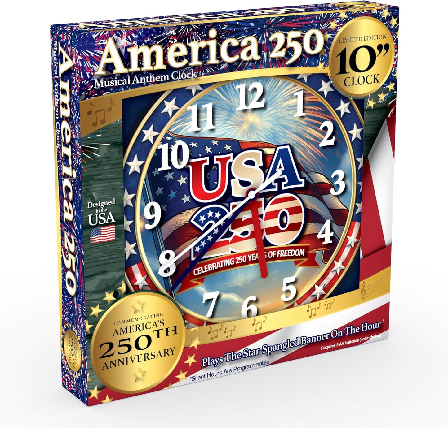 Wall Clock, America 250 Musical Anthem, Battery, Blue | 10-inch Analog Clock, Patriotic Design, Silent Hours Programmable, Plays Star-Spangled Banner | Batteries Not Included