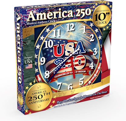 Wall Clock, America 250 Musical Anthem, Battery, Blue | 10-inch Analog Clock, Patriotic Design, Silent Hours Programmable, Plays Star-Spangled Banner | Batteries Not Included