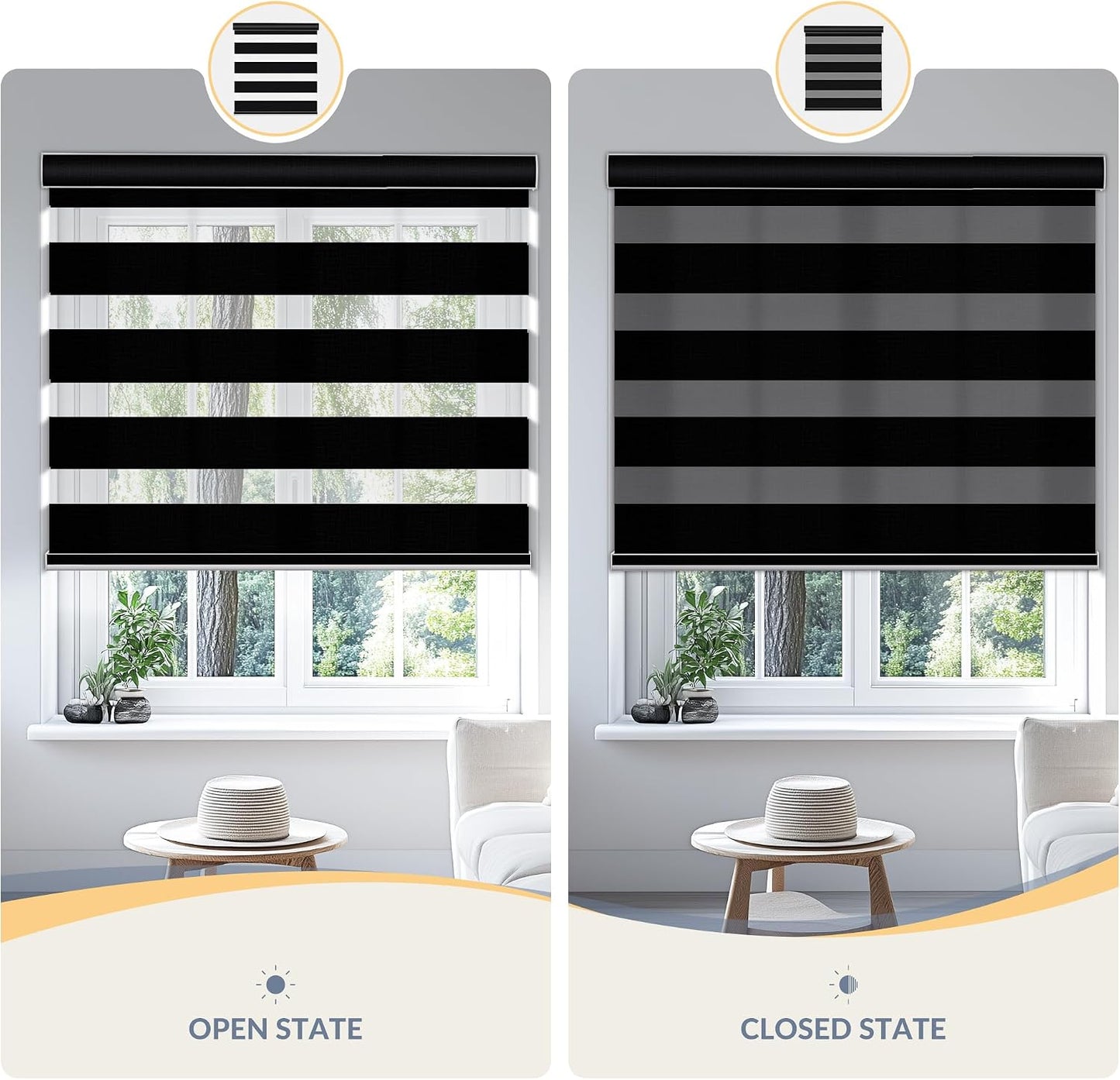 Boolegon Cordless Zebra Blinds for Indoor Windows,Black,58" Wx56 H | Dual Layer Light Control for Day and Night,Heat insulation UV Protection Free Stop Window Shades for Home, Easy to Install